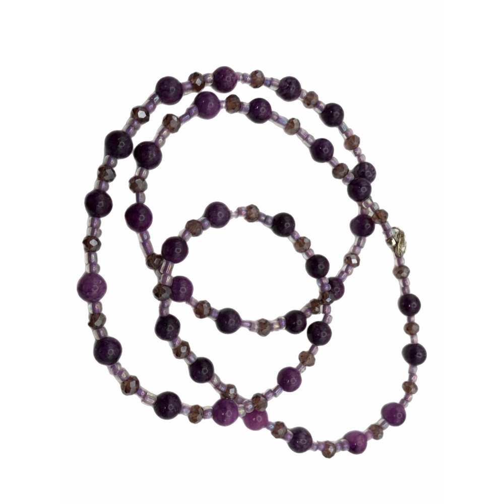 Purple Stone and Smoky Glass Beaded Necklace Silver Tone Lobster Clasp Boho